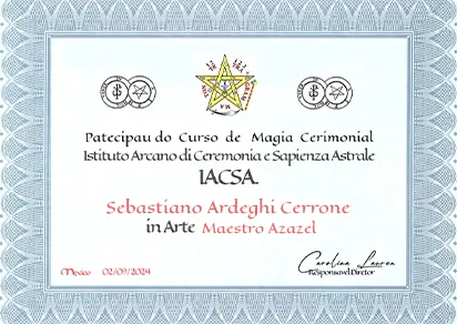 Certificato del corso di Magia Cerimoniale rilasciato al Maestro Azazel