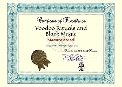 Certificato di eccellenza in rituali voodoo e magia nera del Maestro Azazel