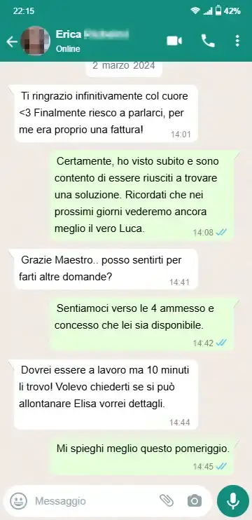 Testimonianza WhatsApp di Erica dopo il rituale