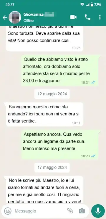 Testimonianza WhatsApp di Giovanna dopo il rituale