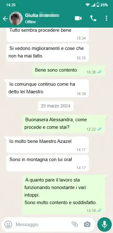 Testimonianza WhatsApp di Giulia dopo il rituale