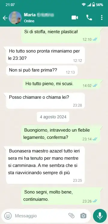 Testimonianza WhatsApp di Maria dopo il rituale