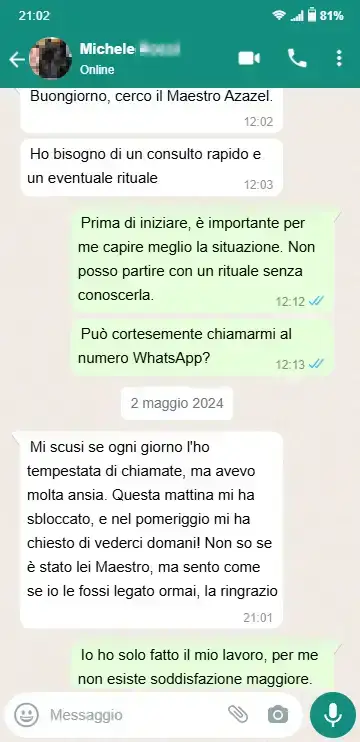 Testimonianza WhatsApp di Michele dopo il rituale